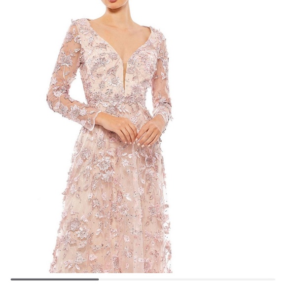 Mac Duggal  Women's Floral Applique Long Sleeve Illusion Gown - Picture 2 of 4